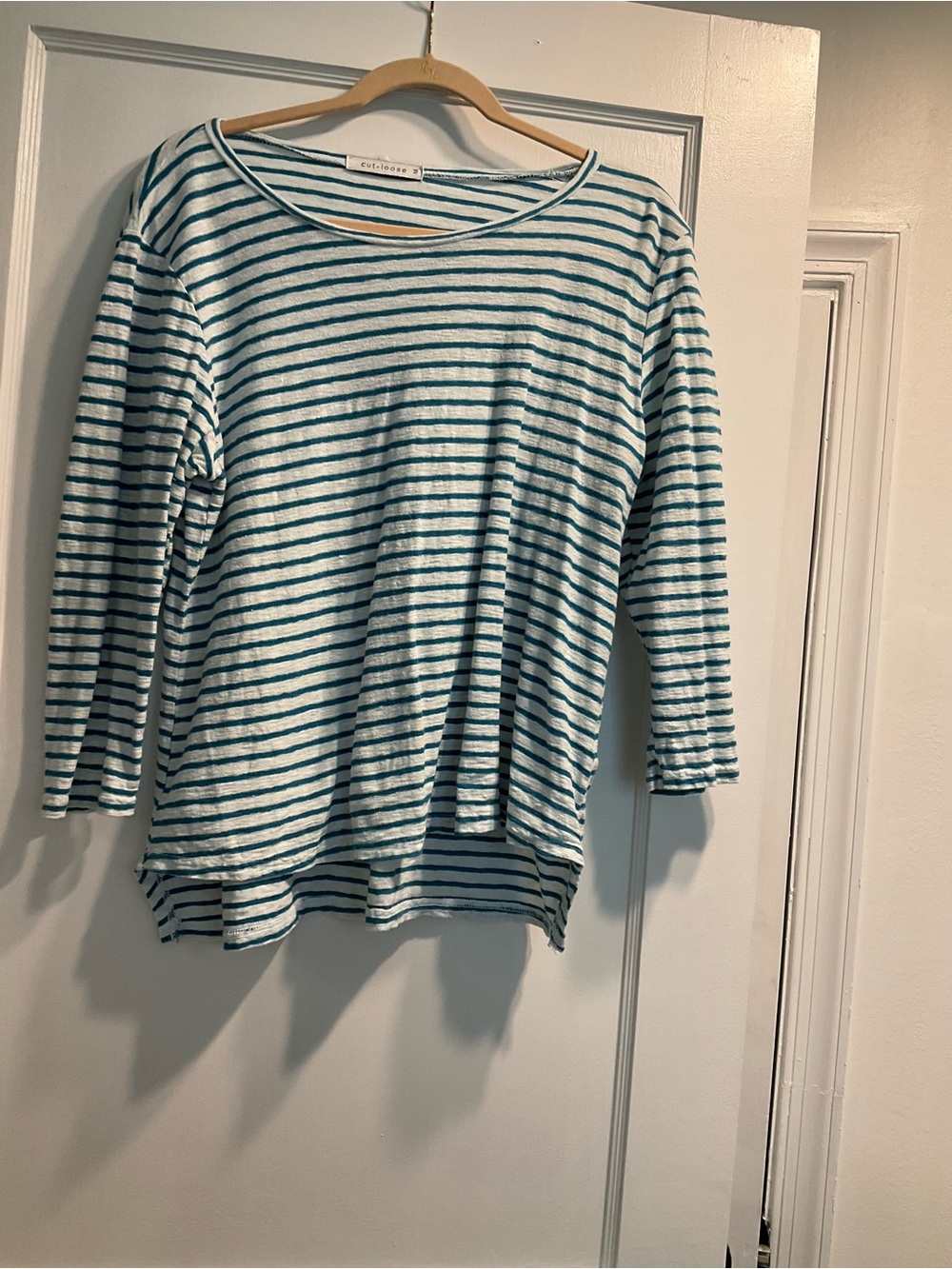 cut loose White and Teal Striped Long-Sleeve Tee